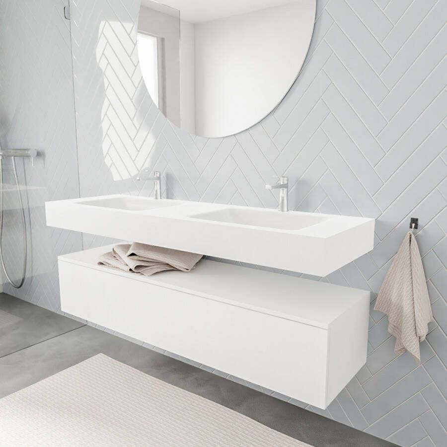 Aqua Splash Badkamermeubel AQS Ibiza 150 cm Soft-Close Lade Solid Surface Wastafel Mat Wit Badmeubel Ibiza 150 cm Spoelbak Midden Mat Wit (0 - Foto 4