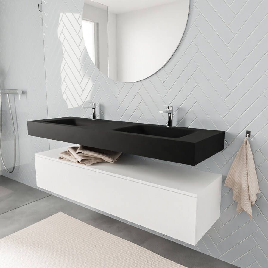 Aqua Splash Badkamermeubel AQS Ibiza 150 cm Mat Wit Solid Surface Wastafel Mat Zwart Badmeubel Ibiza 150 cm Mat Wit Spoelbak Midden Mat Zwart (0 - Foto 4