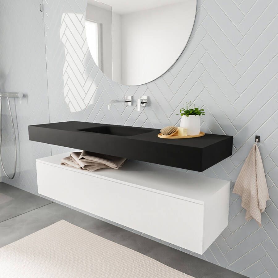 Aqua Splash Badkamermeubel AQS Ibiza 150 cm Mat Wit Solid Surface Wastafel Mat Zwart Badmeubel Ibiza 150 cm Mat Wit Spoelbak Midden Mat Zwart (0 - Foto 2