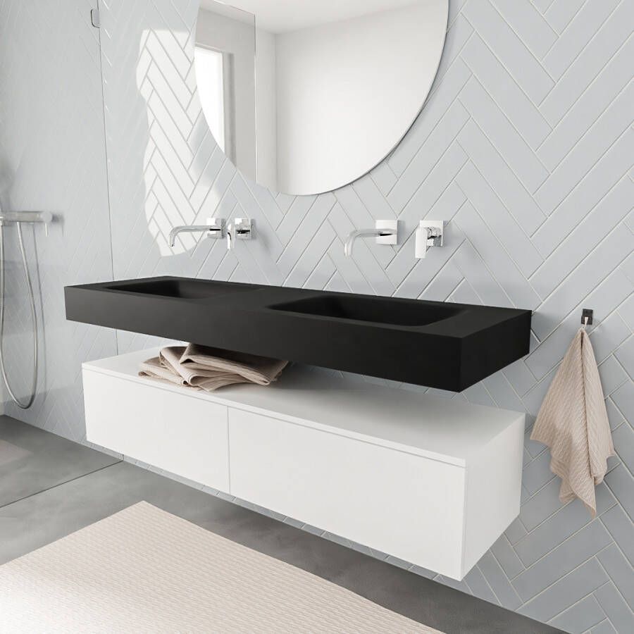 Aqua Splash Badkamermeubel AQS Ibiza 150 cm Mat Wit Twee Soft-Close Lades Solid Surface Wastafel Mat Zwart Badmeubel Ibiza 150 cm Mat Wit Twee Lades - Foto 2