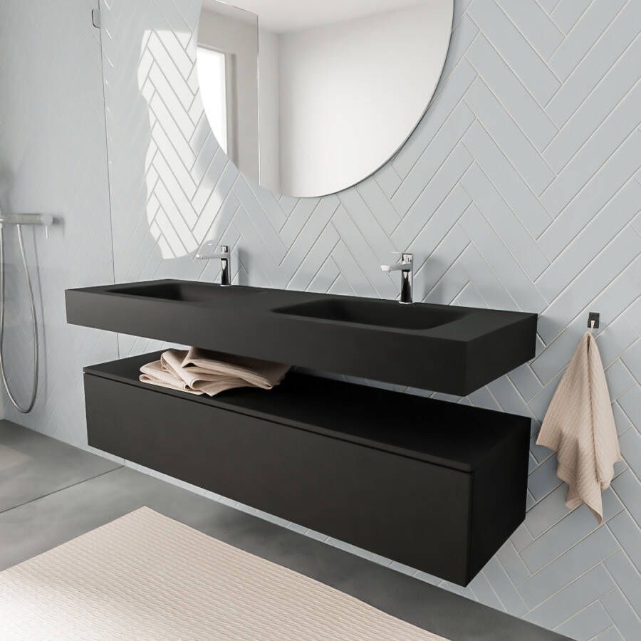 Aqua Splash Badkamermeubel AQS Ibiza 150 cm Solid Surface Wastafel Mat Zwart Badmeubel Ibiza 150 cm Spoelbak Midden Mat Zwart (0 Kraangaten) - Foto 4