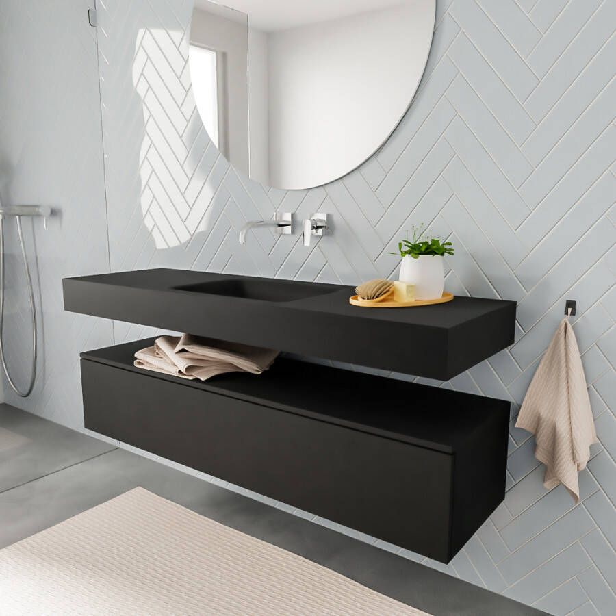 Aqua Splash Badkamermeubel AQS Ibiza 150 cm Solid Surface Wastafel Mat Zwart Badmeubel Ibiza 150 cm Spoelbak Midden Mat Zwart (0 Kraangaten) - Foto 2