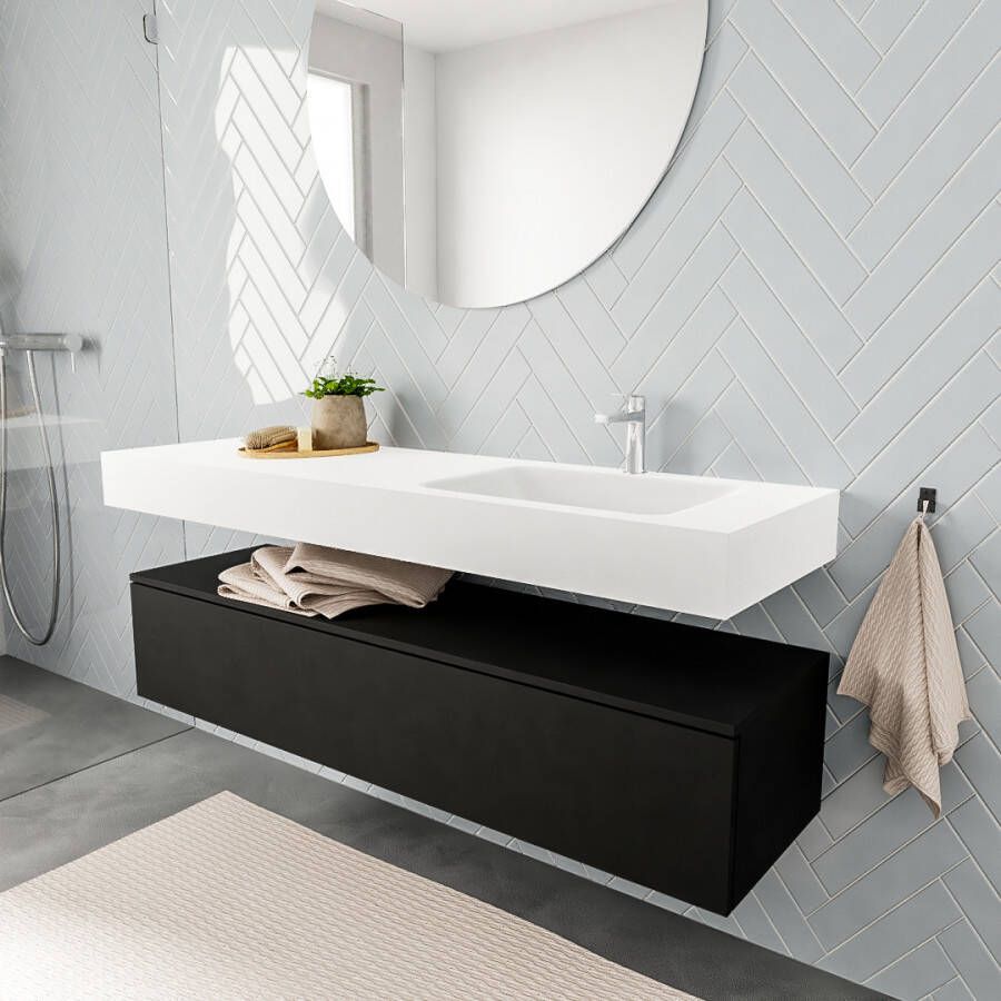 Aqua Splash Badkamermeubel AQS Ibiza 150 cm Solid Surface Mat Zwart Wastafel Mat Wit Badmeubel Ibiza 150 cm Mat Zwart Spoelbak Midden Mat Wit (0 - Foto 2