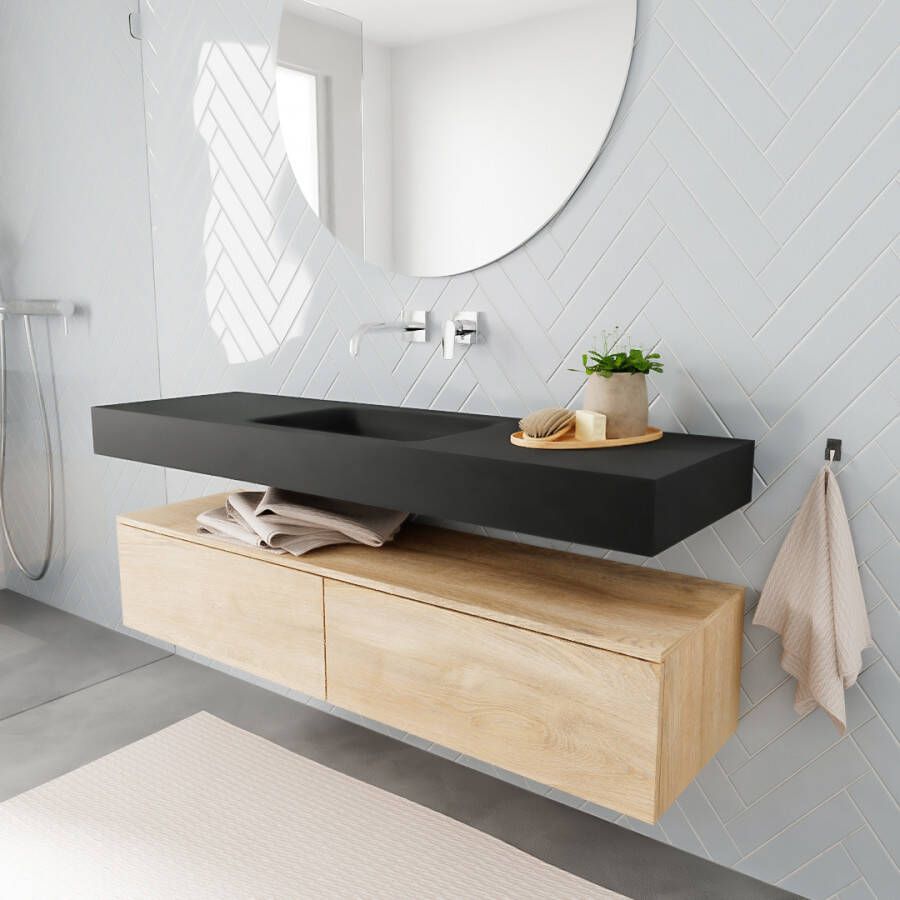 Aqua Splash Badkamermeubel AQS Ibiza 150 cm Washed Oak Twee Soft-Close Lades Solid Surface Wastafel Mat Zwart Badmeubel Ibiza 150 cm Washed Oak Twee - Foto 2