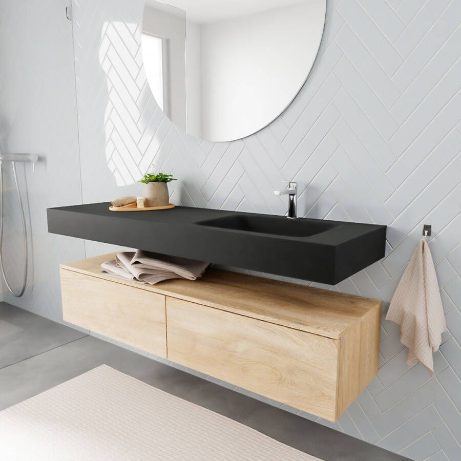 Aqua Splash Badkamermeubel AQS Ibiza 150 cm Washed Oak Twee Soft-Close Lades Solid Surface Wastafel Mat Zwart Badmeubel Ibiza 150 cm Washed Oak Twee - Foto 3