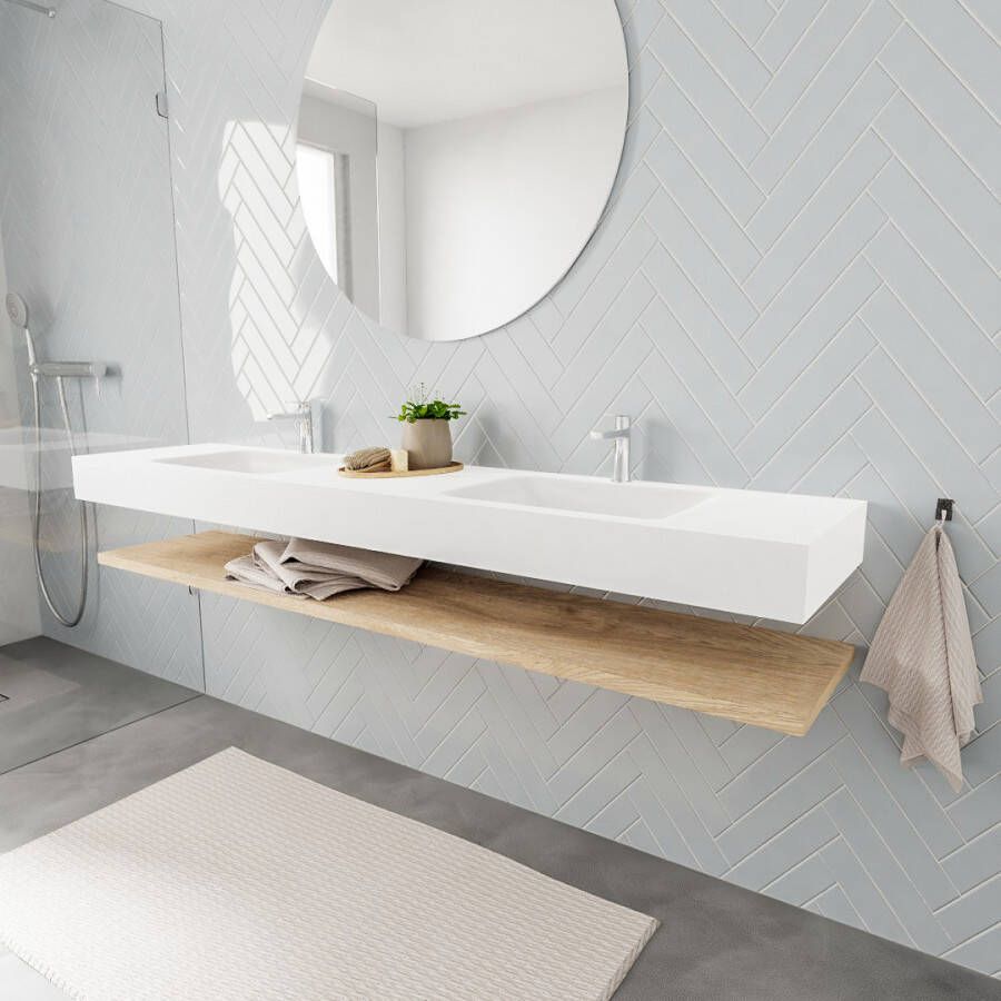 Aqua Splash Badkamermeubel AQS Ibiza 200 cm met Washed Oak Planchet Solid Surface Wastafel Mat Wit Badmeubel Ibiza 200 cm Washed Oak Planchet Solid - Foto 5