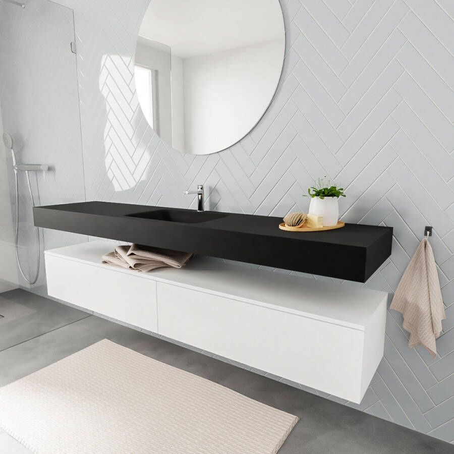 Aqua Splash Badkamermeubel AQS Ibiza 200 cm Mat Wit Twee Soft-Close Lades Solid Surface Wastafel Mat Zwart Badmeubel Ibiza 200 cm Mat Wit Twee Lades - Foto 2