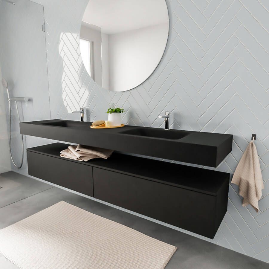 Aqua Splash Badkamermeubel AQS Ibiza 200 cm Twee Soft-Close Lades Solid Surface Wastafel Mat Zwart Badmeubel Ibiza 200 cm Twee Lades Spoelbak Midden - Foto 3