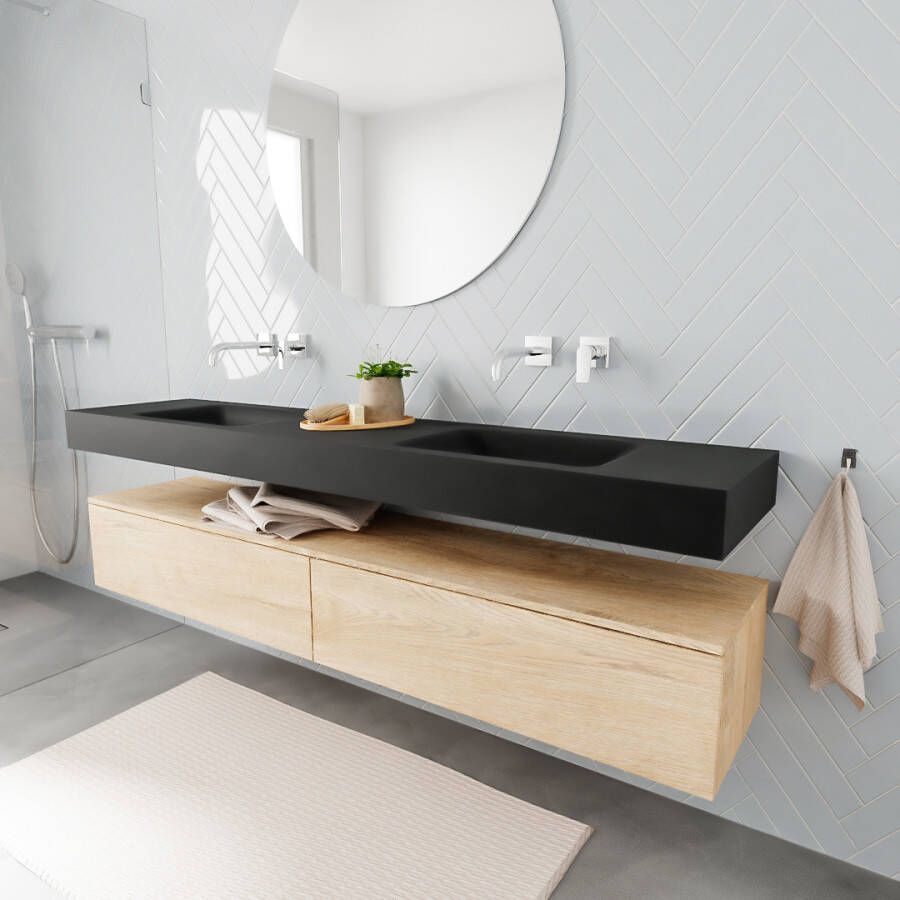 Aqua Splash Badkamermeubel AQS Ibiza 200 cm Washed Oak Twee Soft-Close Lades Solid Surface Wastafel Mat Zwart Badmeubel Ibiza 200 cm Washed Oak Twee - Foto 3