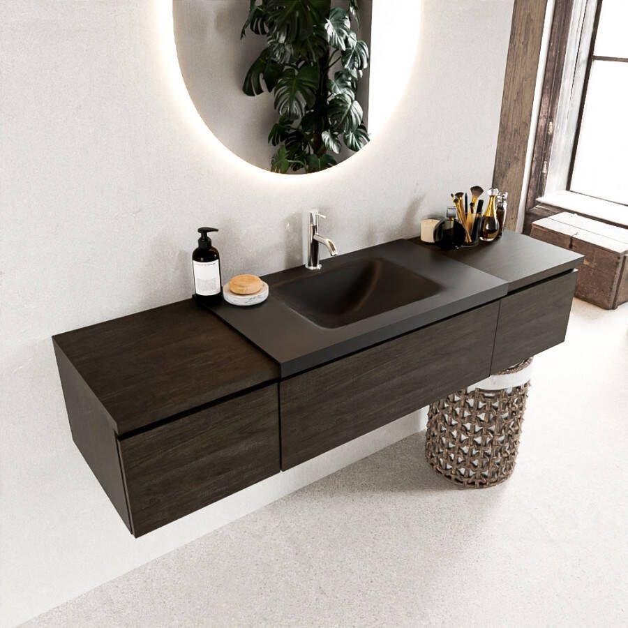 Mondiaz BUKLA badmeubelset 160x45x34cm 1 kraangat wasbak midden solid surface Urban greeploos 3 lades met softclose Melamine Dark brown BUKLA10220 - Foto 2
