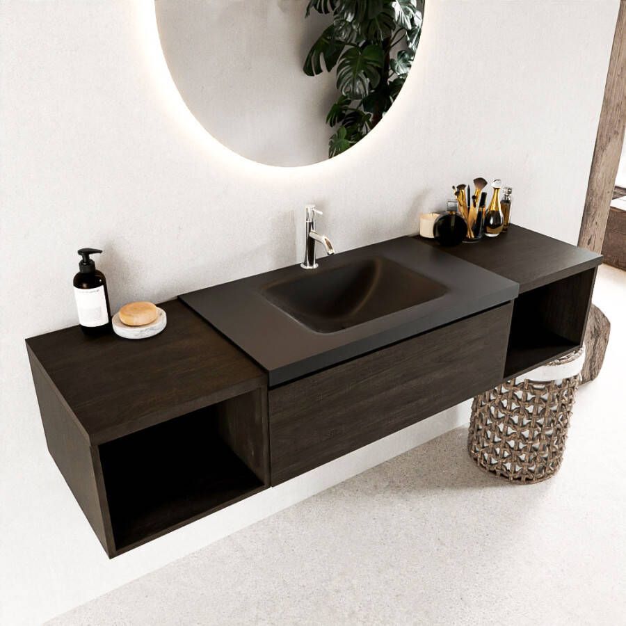 Mondiaz BUKLA badmeubelset 160x45x34cm 1 kraangat wasbak midden solid surface Urban greeploos 2 lades met softclose Melamine Dark brown BUKLA20164 - Foto 2