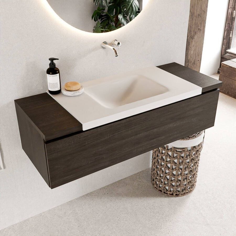 Mondiaz BUKLA Badkamermeubelset 120x45x34cm 0 kraangaten wasbak midden solid surface Talc greeploos 1 lade Melamine Dark brown BUKLA10135 - Foto 2