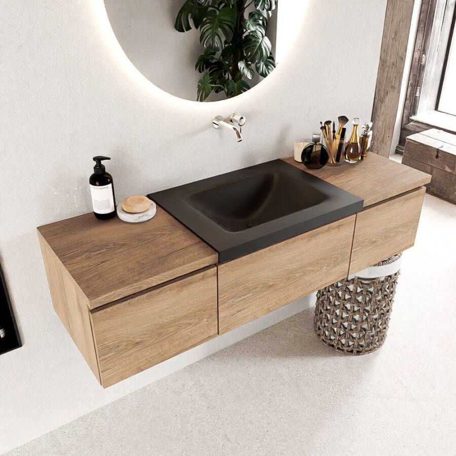 Mondiaz BUKLA badmeubelset 140x45x34cm 0 kraangaten wasbak midden solid surface Urban greeploos 3 lades met softclose Melamine Washed Oak BUKLA10077 - Foto 2