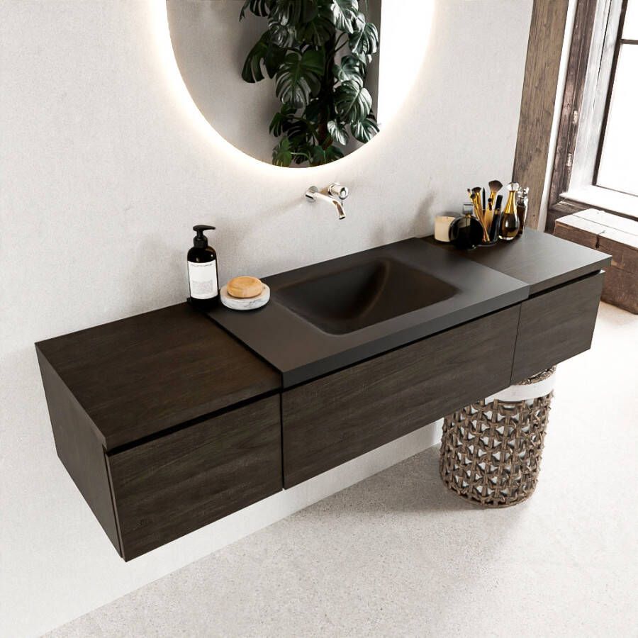 Mondiaz BUKLA badmeubelset 160x45x34cm 0 kraangaten wasbak midden solid surface Urban greeploos 3 lades met softclose Melamine Dark brown BUKLA10219