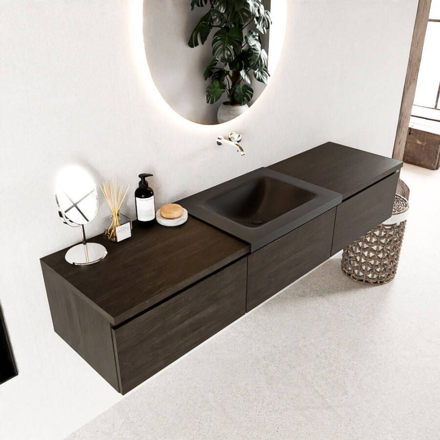 Mondiaz BUKLA badkamermeubelset 180x45x34cm 0 kraangaten wasbak midden solid surface Urban greeploos 3 lades met softclose Melamine Dark brown BUKLA10233