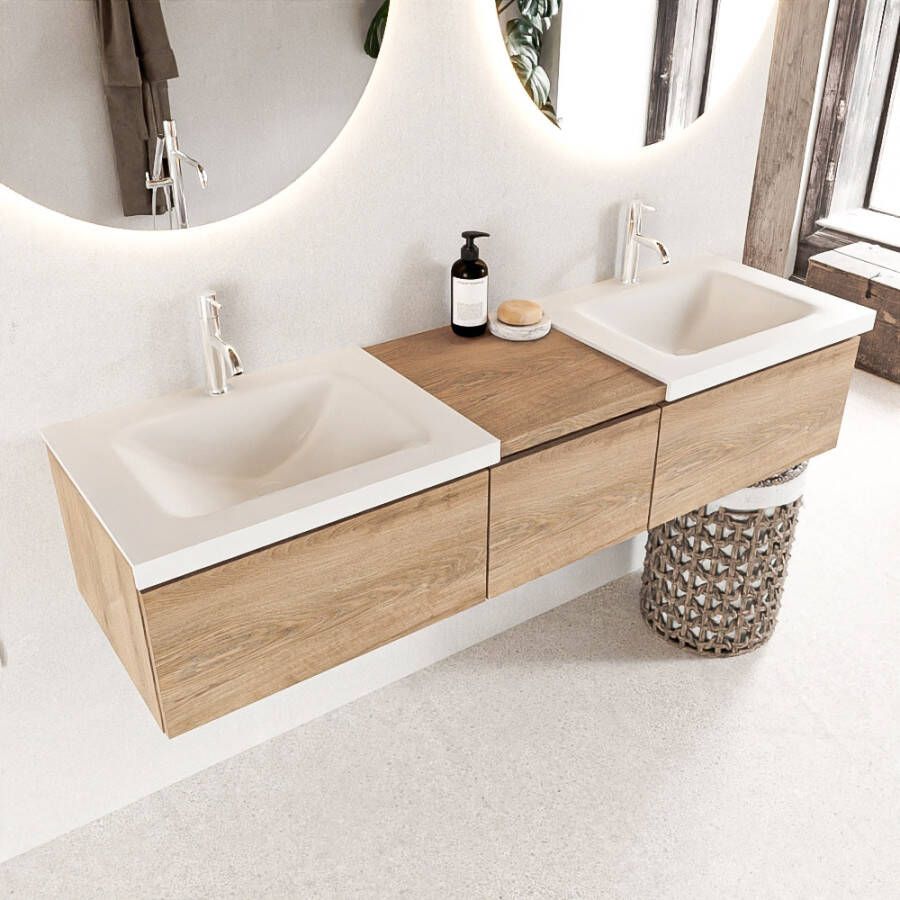 Mondiaz Bukla badmeubel 2 kraangaten 160 washed oak en talc