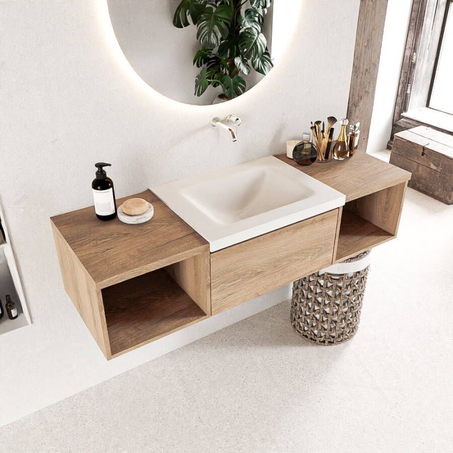 Mondiaz BUKLA badmeubelset 140x45x34cm 0 kraangaten wasbak midden solid surface Talc greeploos 2 lades met softclose Melamine Washed Oak BUKLA20009 - Foto 2