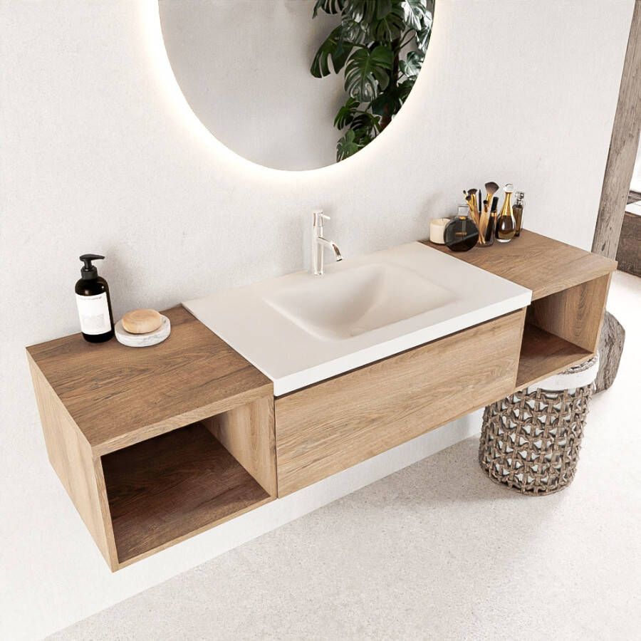Mondiaz Bukla badmeubel 2 lades en 1 kraangat 160 washed oak en talc