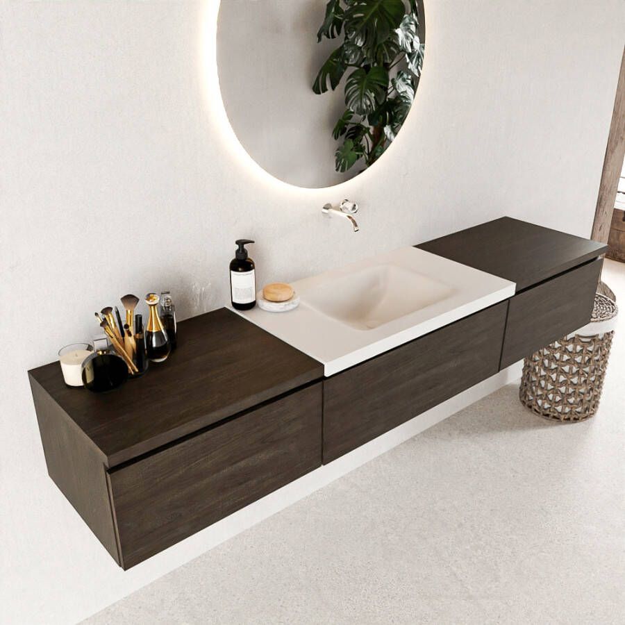 Mondiaz BUKLA badkamermeubelset 200x45x34cm 0 kraangaten wasbak midden solid surface Talc greeploos 3 lades met softclose Melamine Dark brown BUKLA10183 - Foto 2