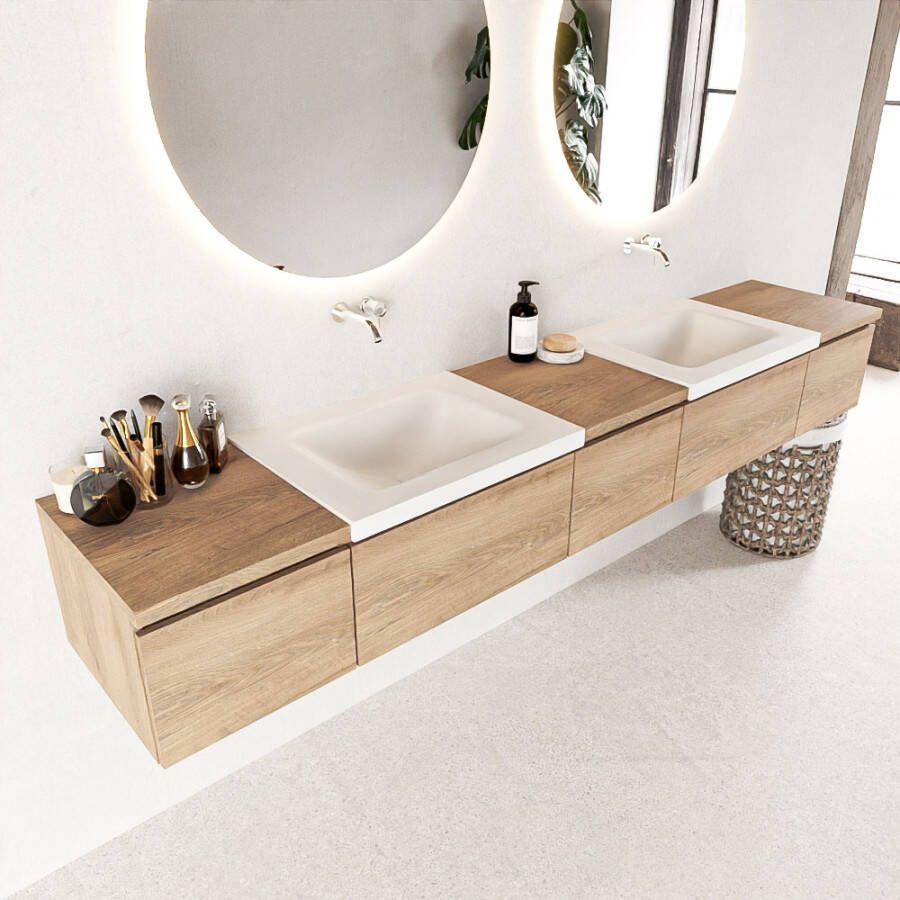 Mondiaz BUKLA badkamermeubelset 240x45x34cm 0 kraangaten 2 wasbakken solid surface Talc greeploos 5 lades met softclose Melamine Washed Oak BUKLA10021 - Foto 3