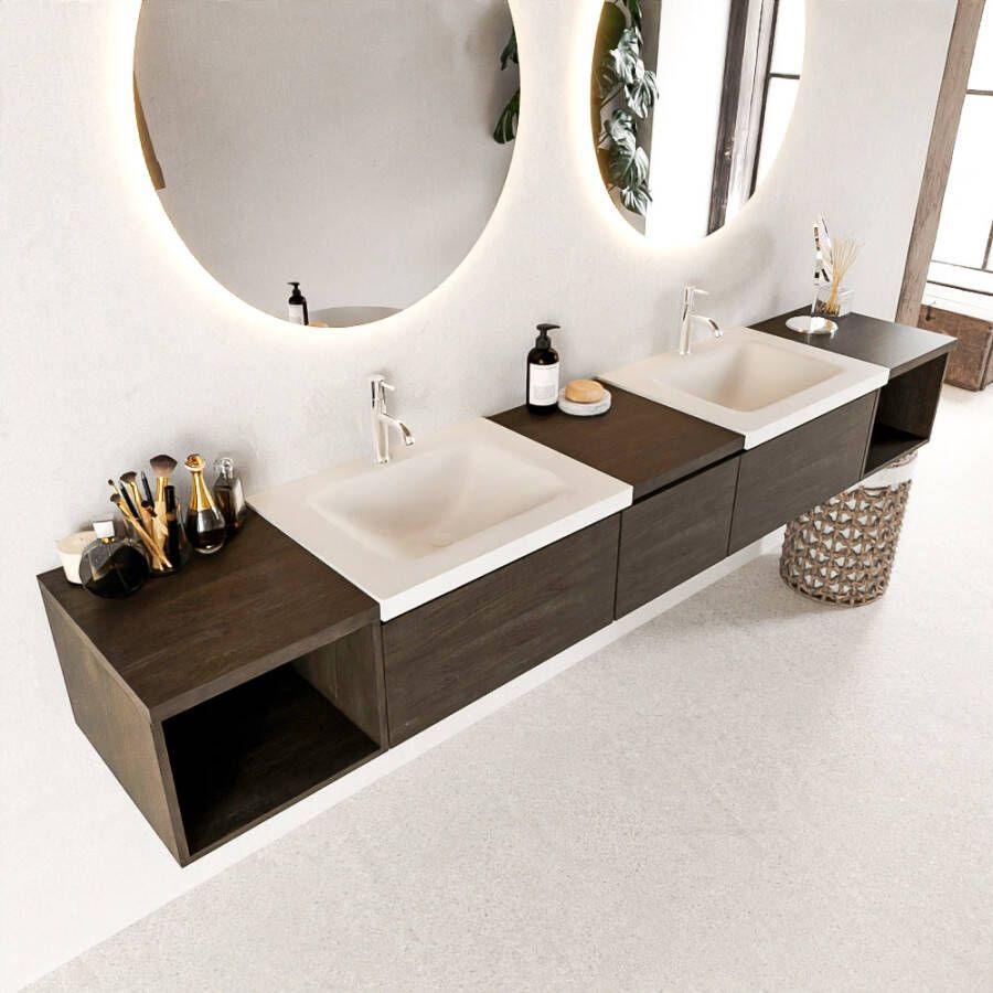 Mondiaz BUKLA badmeubelset 240x45x34cm 2 kraangaten 2 wasbakken solid surface Talc greeploos 3 lades met softclose Melamine Dark brown BUKLA20108 - Foto 2