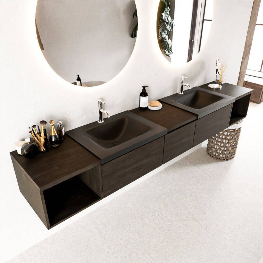 Mondiaz BUKLA badmeubelset 240x45x34cm 2 kraangaten 2 wasbakken solid surface Urban greeploos 3 lades met softclose Melamine Dark brown BUKLA20152
