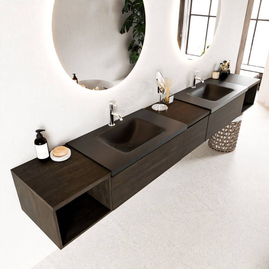 Mondiaz BUKLA badmeubelset 280x45x34cm 2 kraangaten 2 wasbakken solid surface Urban greeploos 3 lades met softclose Melamine Dark brown BUKLA20174 - Foto 2