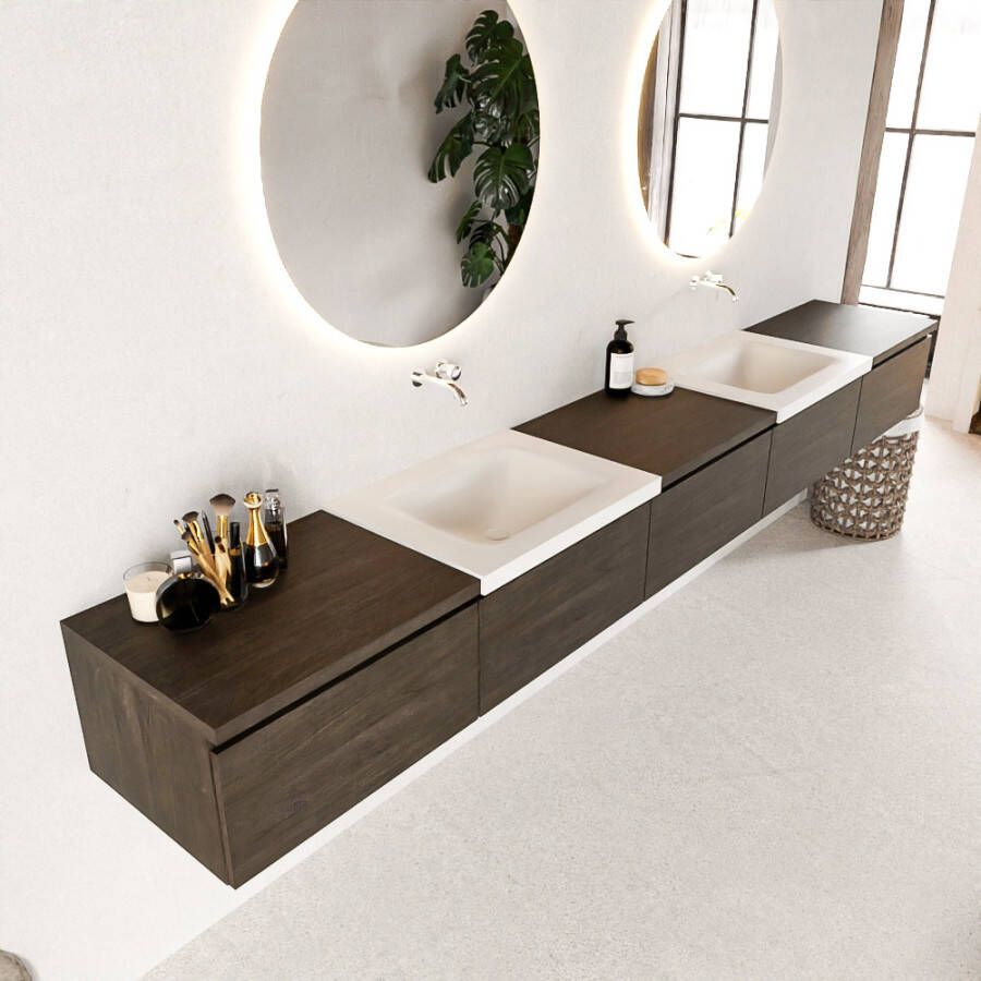 Mondiaz BUKLA badkamermeubelset 300x45x34cm 0 kraangaten 2 wasbakken solid surface Talc greeploos 5 lades met softclose Melamine Dark brown BUKLA10177