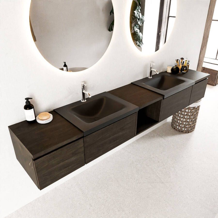 Mondiaz BUKLA badmeubelset 240x45x34cm 2 kraangaten 2 wasbakken solid surface Urban greeploos 4 lades met softclose Melamine Dark brown BUKLA20150 - Foto 2