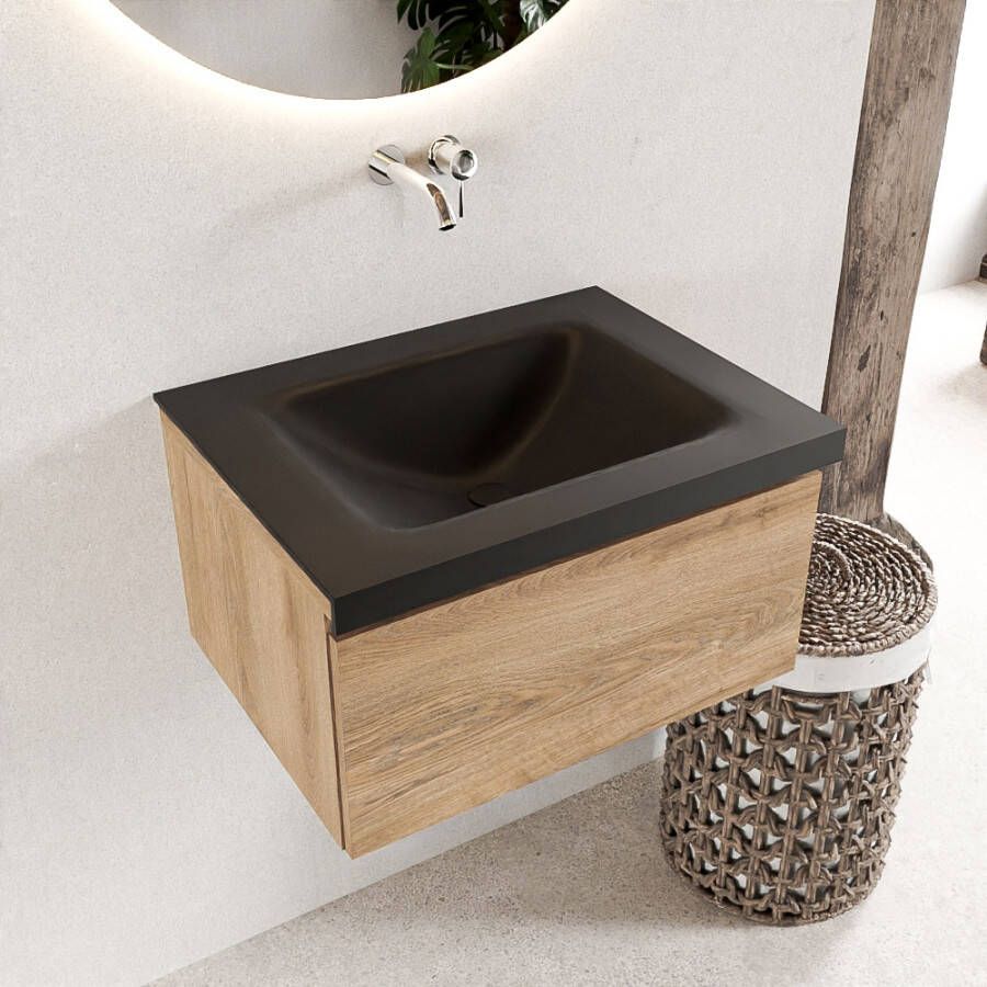 Mondiaz BUKLA Badkamermeubelset 60x45x34cm 0 kraangaten wasbak midden solid surface Urban greeploos 1 lade Melamine Washed Oak BUKLA10065