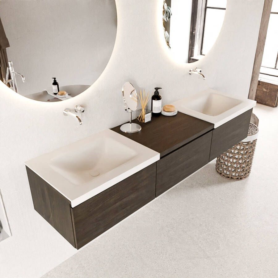 Mondiaz BUKLA badkamermeubelset 180x45x34cm 0 kraangaten 2 wasbakken solid surface Talc greeploos 3 lades met softclose Melamine Dark brown BUKLA10171 - Foto 2