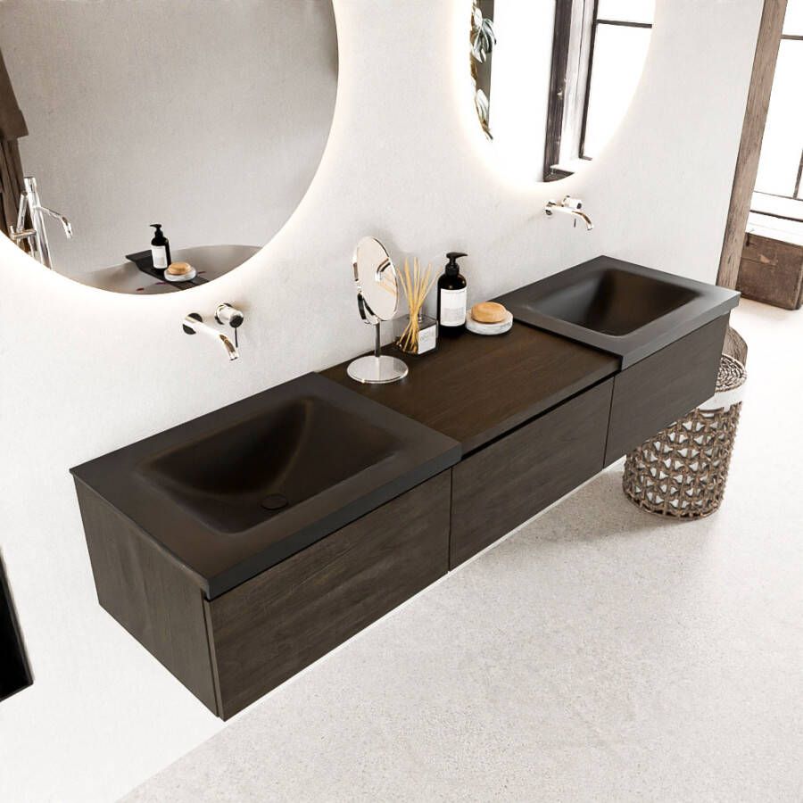 Mondiaz BUKLA badkamermeubelset 180x45x34cm 0 kraangaten 2 wasbakken solid surface Urban greeploos 3 lades met softclose Melamine Dark brown BUKLA10235
