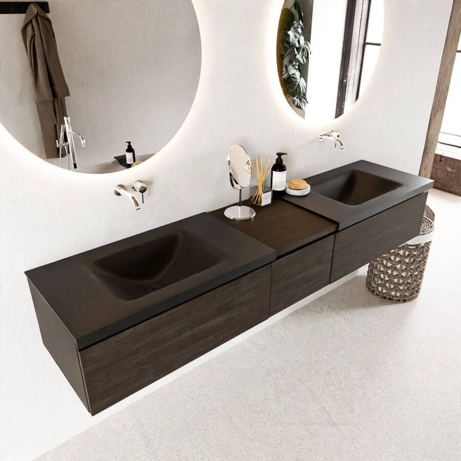 Mondiaz BUKLA badkamermeubelset 200x45x34cm 0 kraangaten 2 wasbakken solid surface Urban greeploos 3 lades met softclose Melamine Dark brown BUKLA10221 - Foto 2