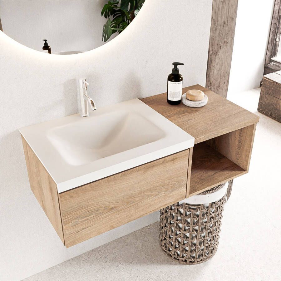 Mondiaz BUKLA badmeubelset 100x45x34cm 1 kraangat wasbak links solid surface Talc greeploos 1 lade met softclose Melamine Washed Oak BUKLA20002 - Foto 2