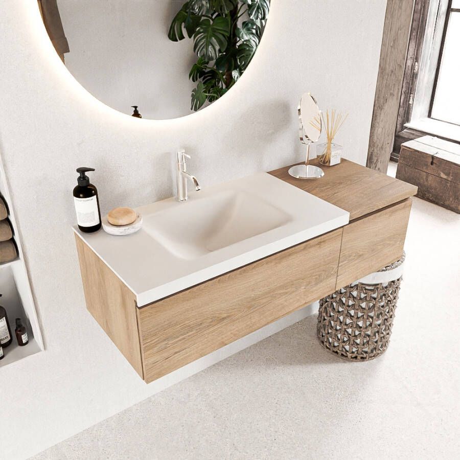 Mondiaz BUKLA Badkamermeubelset 120x45x34cm 1 kraangat wasbak links solid surface Talc greeploos 2 lades Melamine Washed Oak BUKLA10024 - Foto 3
