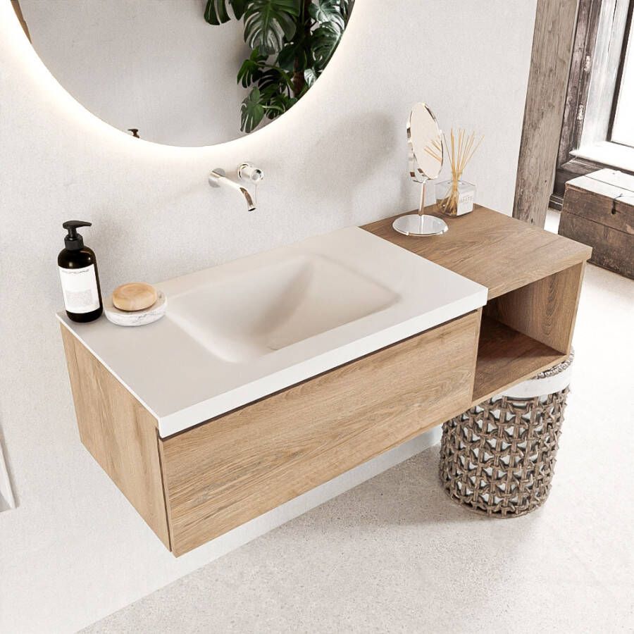 Mondiaz BUKLA Badkamermeubelset 120x45x34cm 0 kraangaten wasbak links solid surface Talc greeploos 1 lade Melamine Washed Oak BUKLA20023 - Foto 2