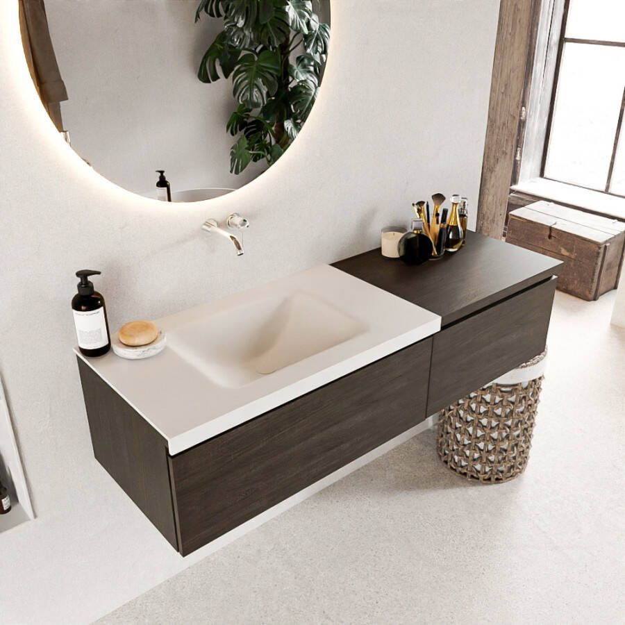 Mondiaz BUKLA badmeubelset 140x45x34cm 0 kraangaten wasbak links solid surface Talc greeploos 2 lades met softclose Melamine Dark brown BUKLA10179 - Foto 2