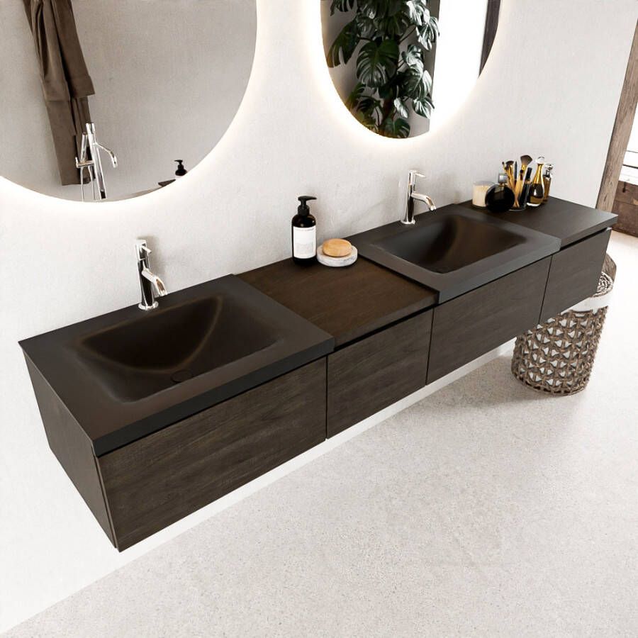 Mondiaz BUKLA badkamermeubelset 200x45x34cm 2 kraangaten 2 wasbakken solid surface Urban greeploos 4 lades met softclose Melamine Dark brown BUKLA10210 - Foto 2