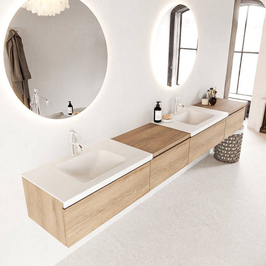 Mondiaz BUKLA badkamermeubelset 280x45x34cm 2 kraangaten 2 wasbakken solid surface Talc greeploos 4 lades met softclose Melamine Washed Oak BUKLA10060
