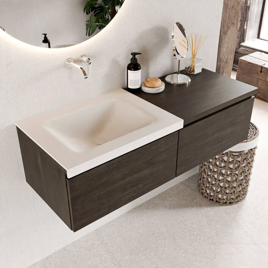Mondiaz BUKLA badmeubelset 120x45x34cm 0 kraangaten wasbak links solid surface Talc greeploos 2 lades met softclose Melamine Dark brown BUKLA10165 - Foto 2