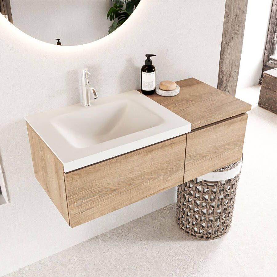 Mondiaz BUKLA Badkamermeubelset 100x45x34cm 1 kraangat wasbak links solid surface Talc greeploos 2 lades Melamine Washed Oak BUKLA10010 - Foto 2