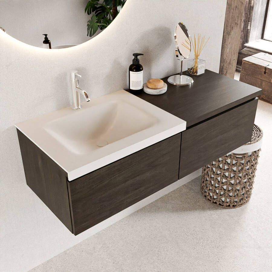 Mondiaz BUKLA badmeubelset 120x45x34cm 1 kraangat wasbak links solid surface Talc greeploos 2 lades met softclose Melamine Dark brown BUKLA10166