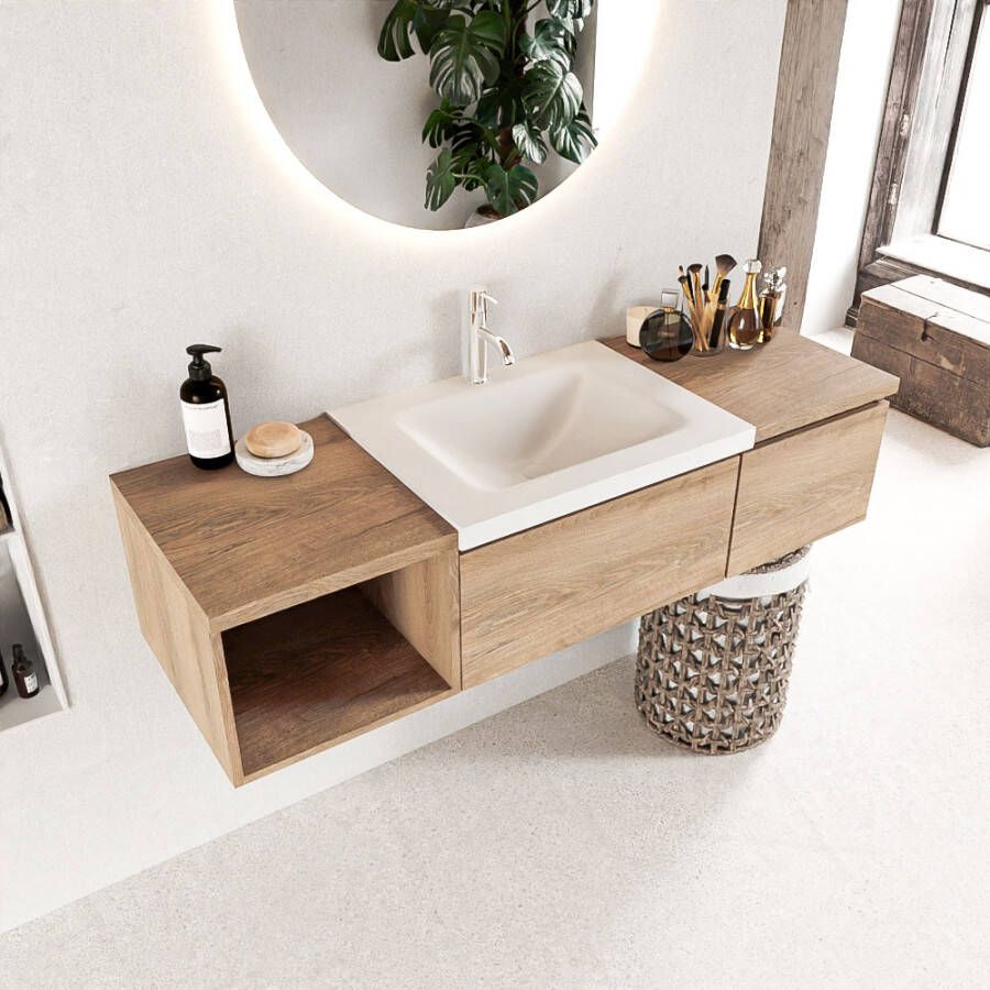 Mondiaz BUKLA badmeubelset 140x45x34cm 1 kraangat wasbak midden solid surface Talc greeploos 2 lades met softclose Melamine Washed Oak BUKLA20006