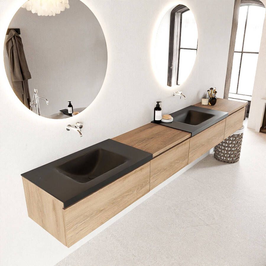 Mondiaz BUKLA badkamermeubelset 280x45x34cm 0 kraangaten 2 wasbakken solid surface Urban greeploos 4 lades met softclose Melamine Washed Oak BUKLA10123 - Foto 2