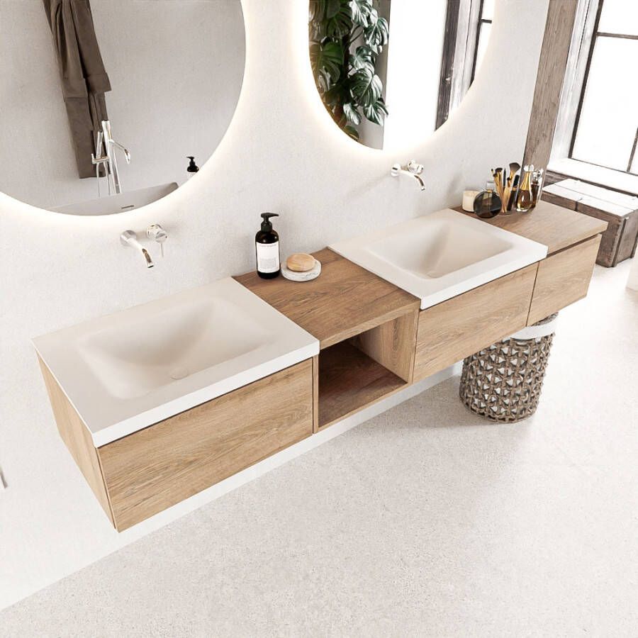 Mondiaz BUKLA badkamermeubelset 200x45x34cm 0 kraangaten 2 wasbakken solid surface Talc greeploos 3 lades met softclose Melamine Washed Oak BUKLA20013 - Foto 2