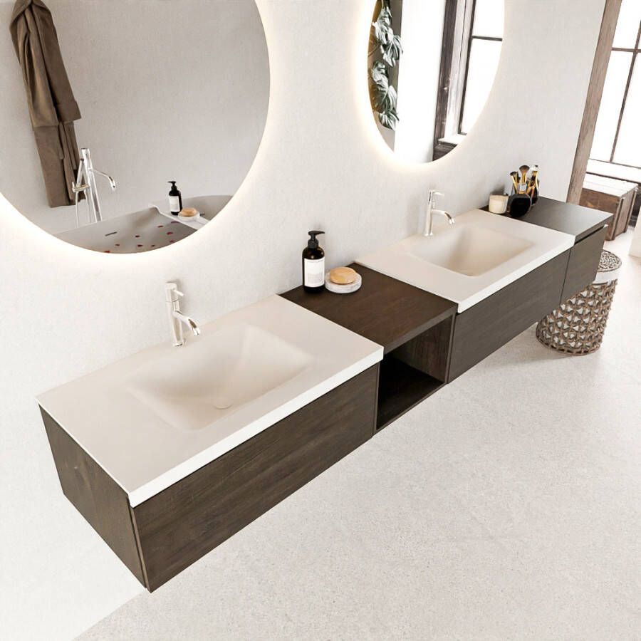 Mondiaz BUKLA badmeubelset 240x45x34cm 2 kraangaten 2 wasbakken solid surface Talc greeploos 3 lades met softclose Melamine Dark brown BUKLA20124