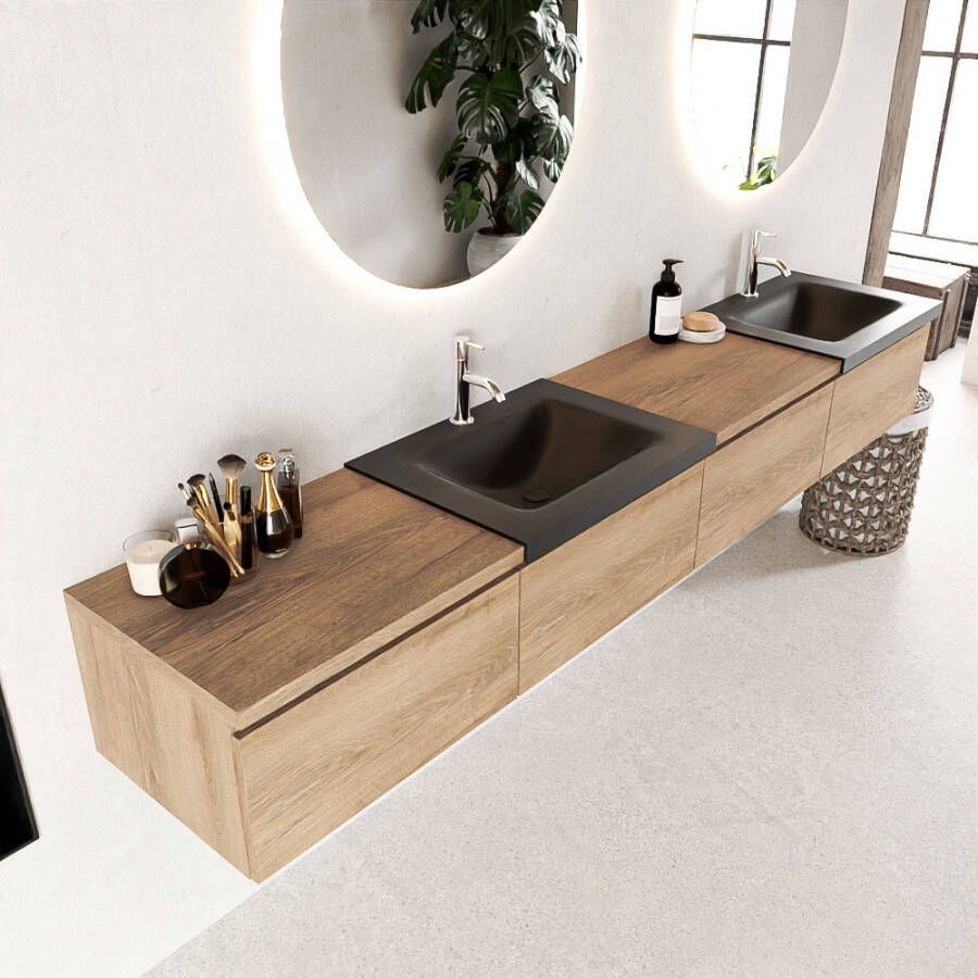 Mondiaz BUKLA badkamermeubelset 240x45x34cm 2 kraangaten 2 wasbakken solid surface Urban greeploos 4 lades met softclose Melamine Washed Oak BUKLA10110 - Foto 2