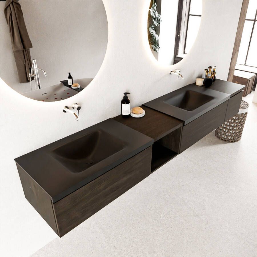 Mondiaz Bukla badmeubel links dubbele wasbak 240 dark brown en urban