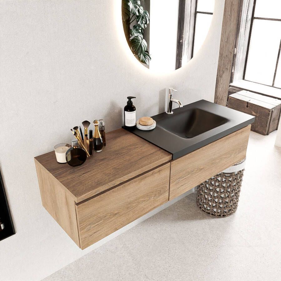 Mondiaz BUKLA badmeubelset 140x45x34cm 1 kraangat wasbak rechts solid surface Urban greeploos 2 lades met softclose Melamine Washed Oak BUKLA10118 - Foto 2