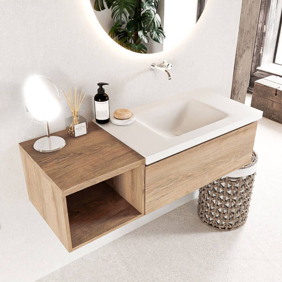 Mondiaz BUKLA badmeubelset 120x45x34cm 0 kraangaten wasbak rechts solid surface Talc greeploos 1 lade met softclose Melamine Washed Oak BUKLA20025 - Foto 2
